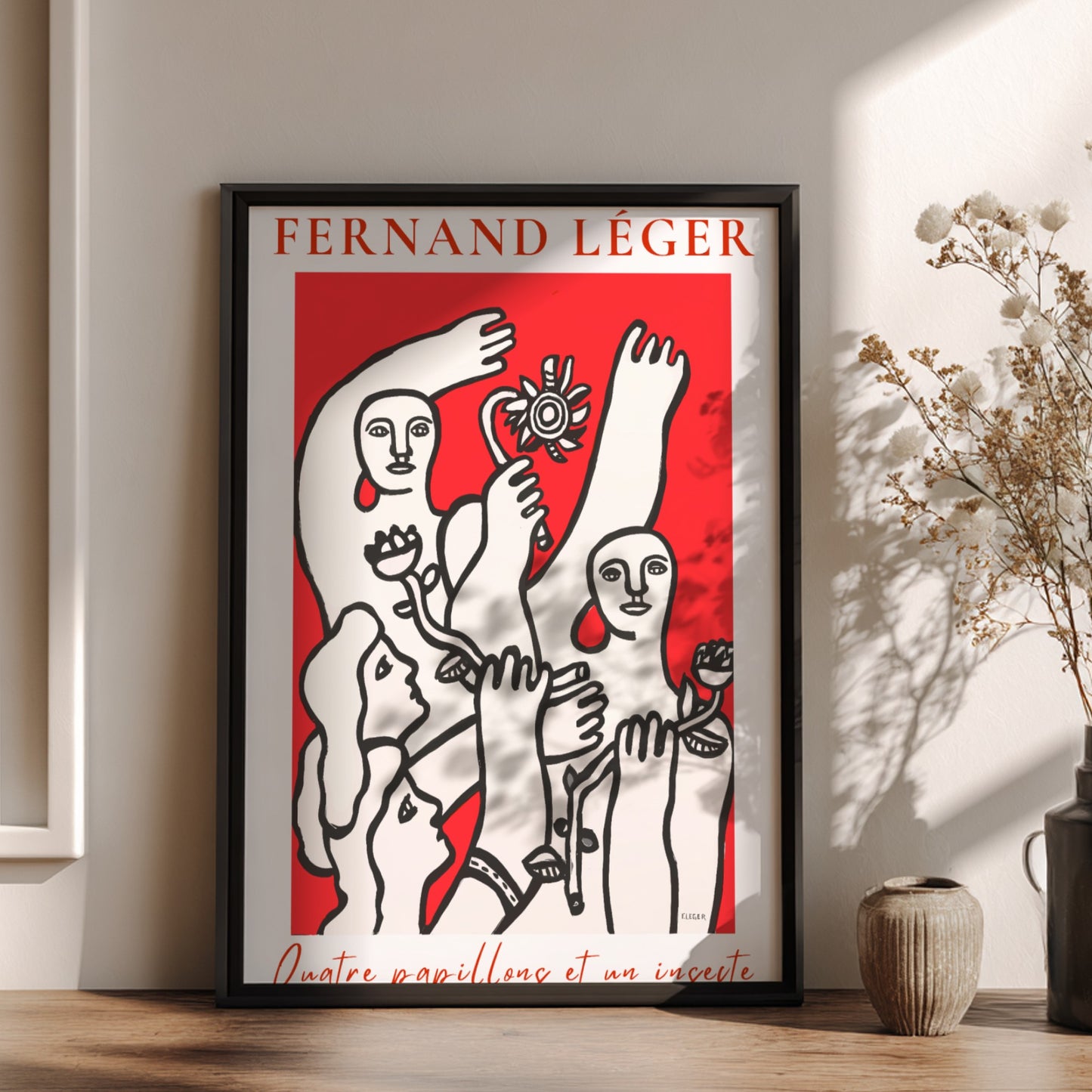 Poster of Fernand Léger's 'Quatre papillons et un insecte' in red and white modernist style.