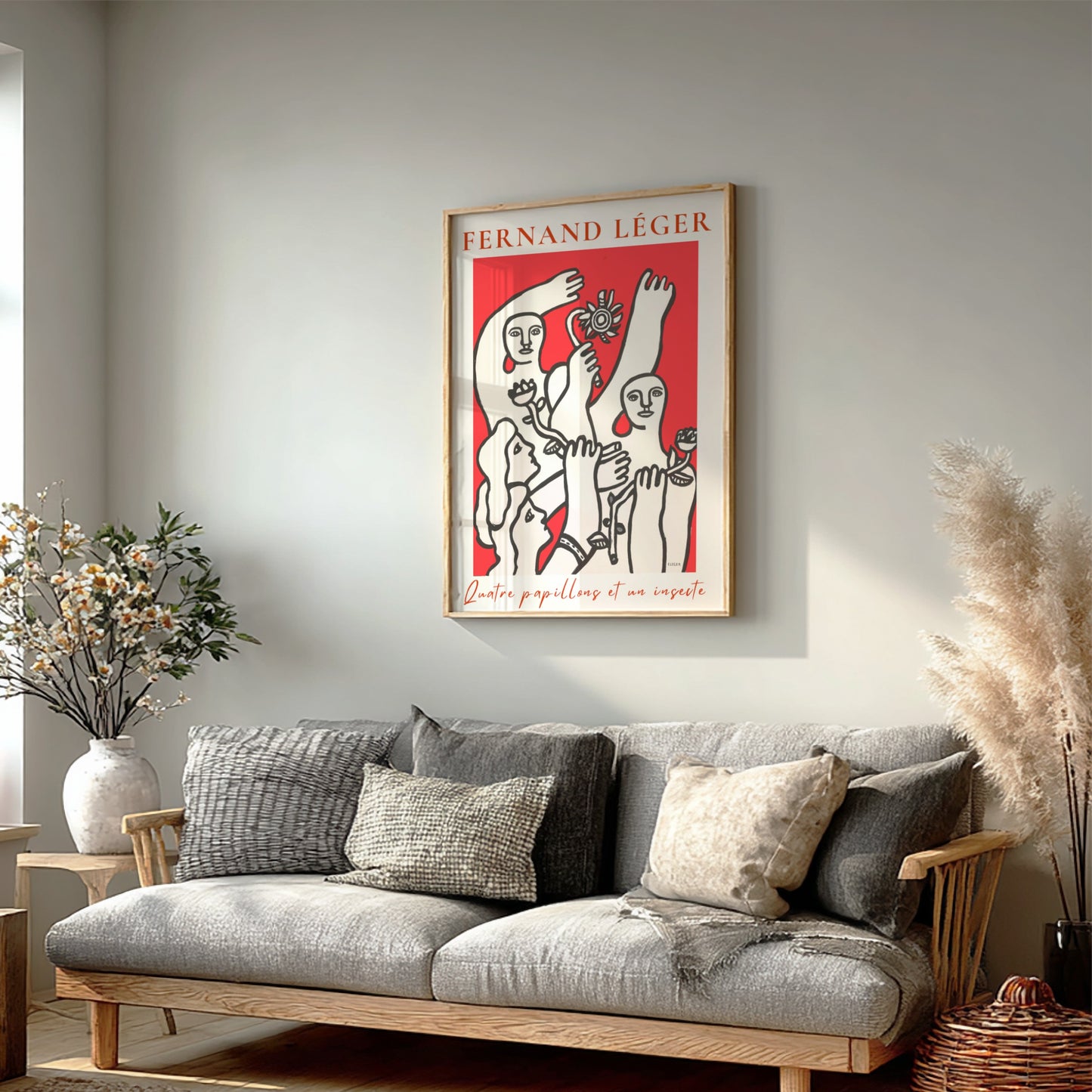 Poster of Fernand Léger's 'Quatre papillons et un insecte' in red and white modernist style.