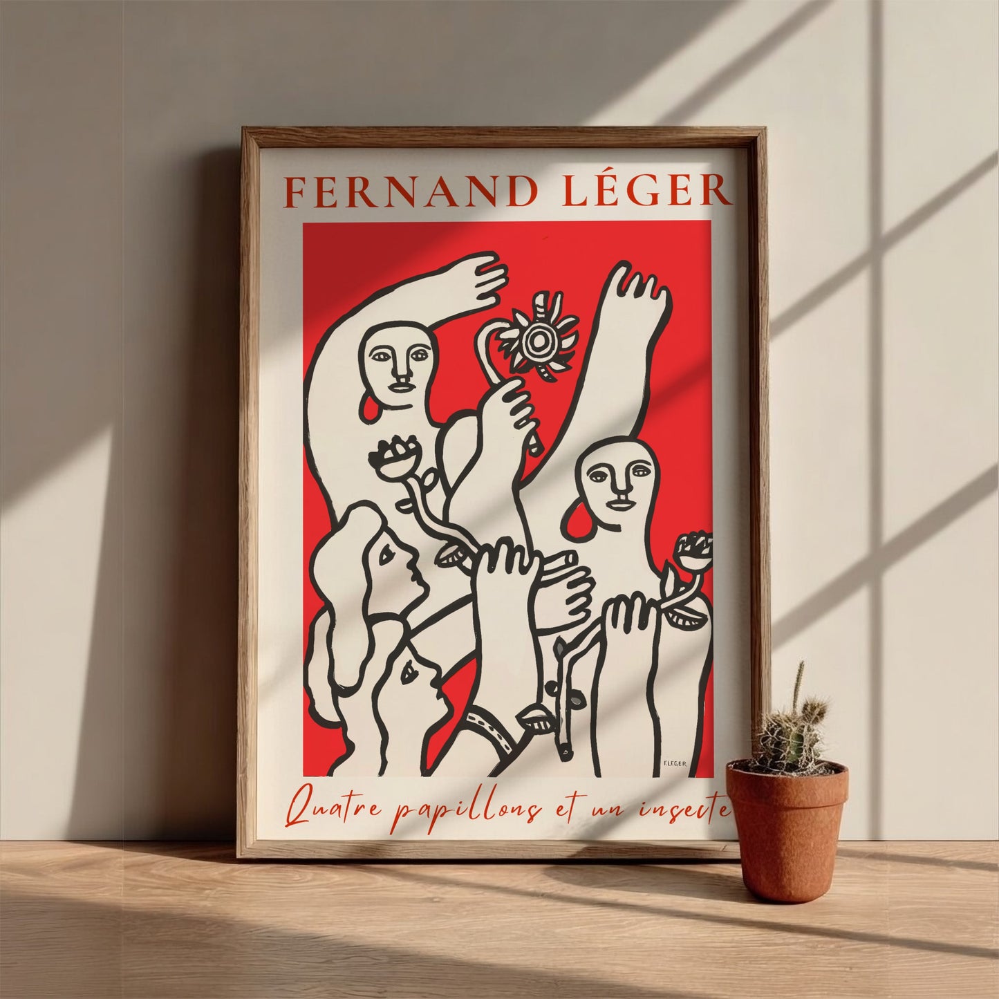 Poster of Fernand Léger's 'Quatre papillons et un insecte' in red and white modernist style.