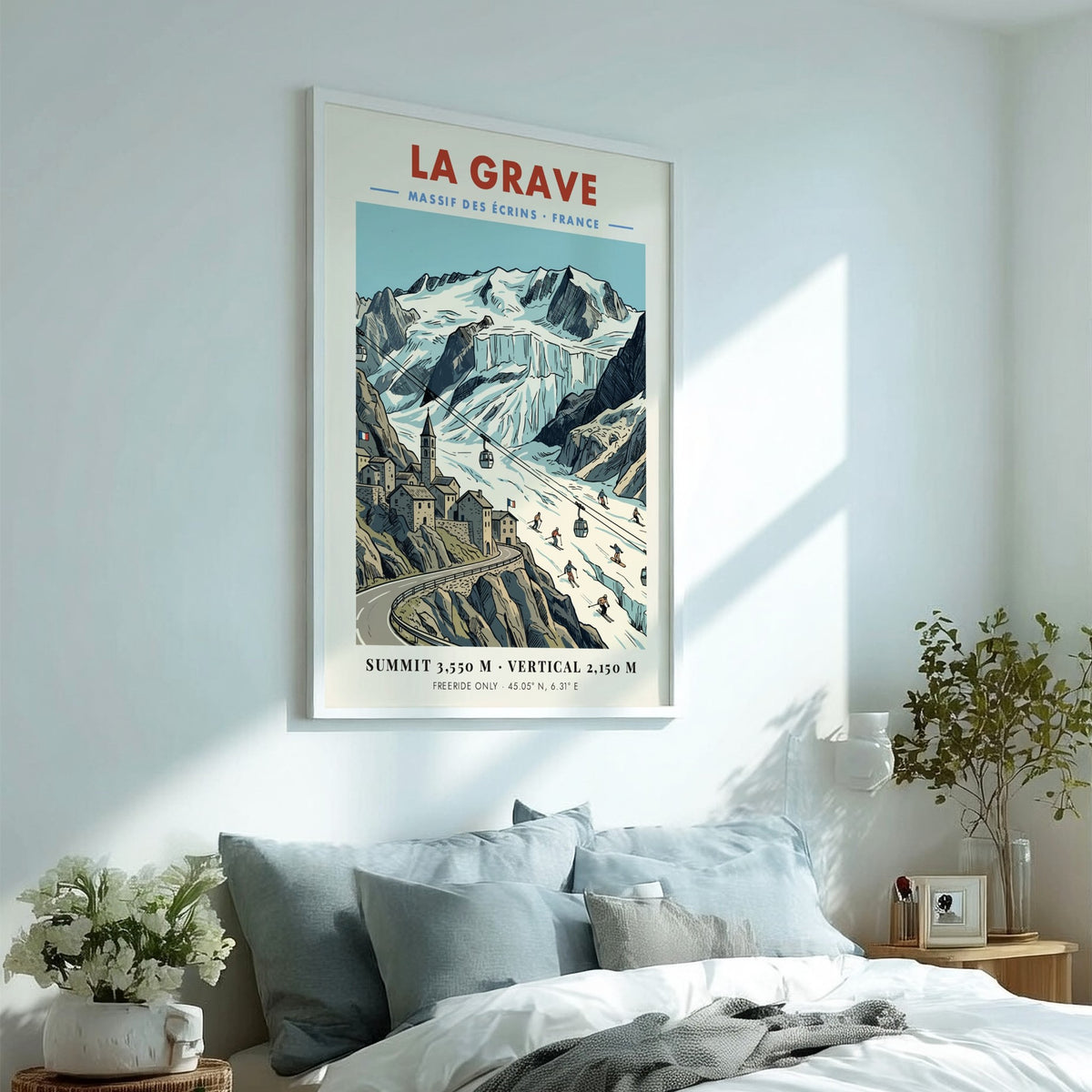 Poster of La Grave mountain village in the French Alps with glacier and skiers.