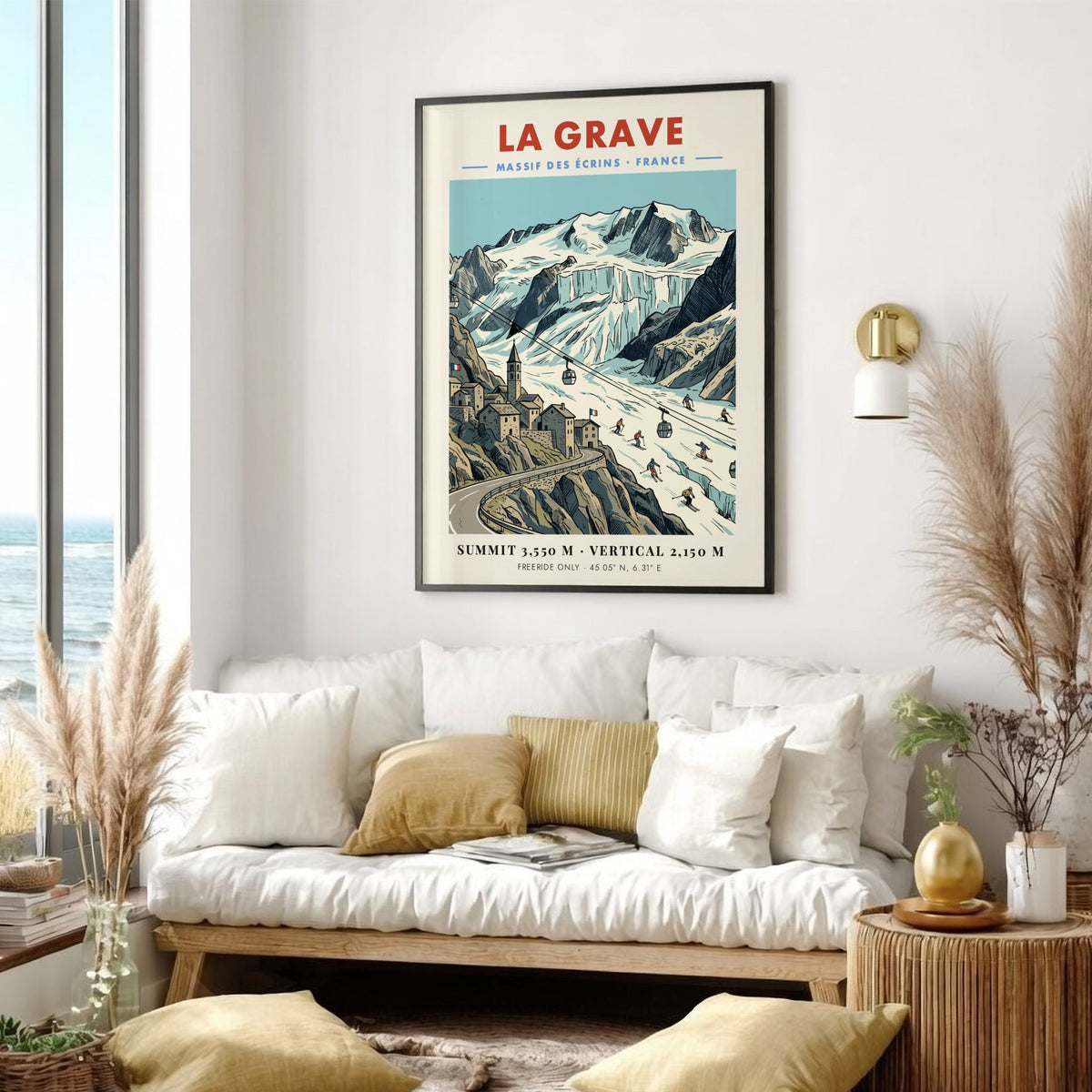 Poster of La Grave mountain village in the French Alps with glacier and skiers.