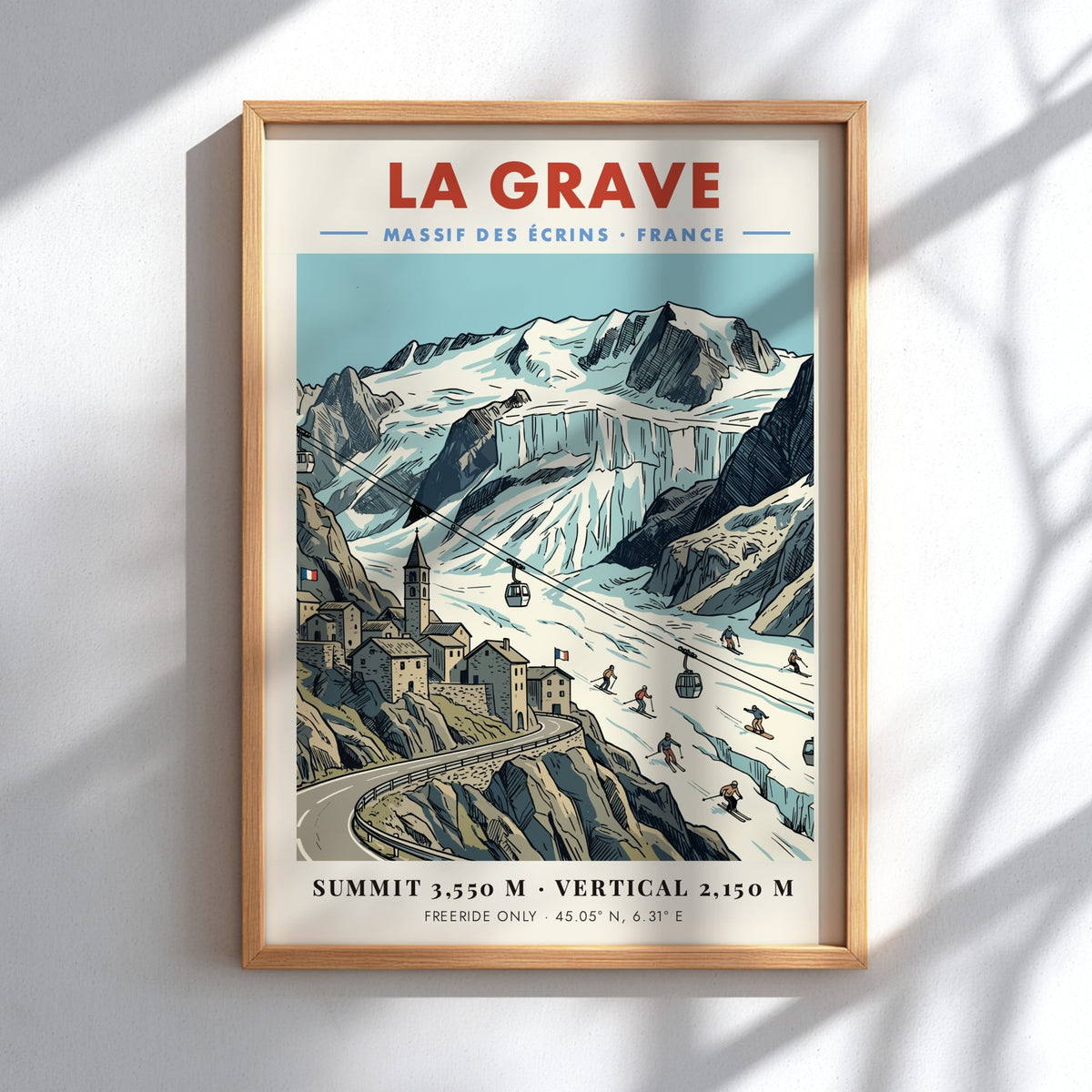 Poster of La Grave mountain village in the French Alps with glacier and skiers.