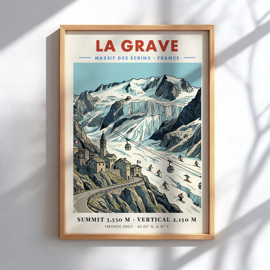 Poster of La Grave mountain village in the French Alps with glacier and skiers.