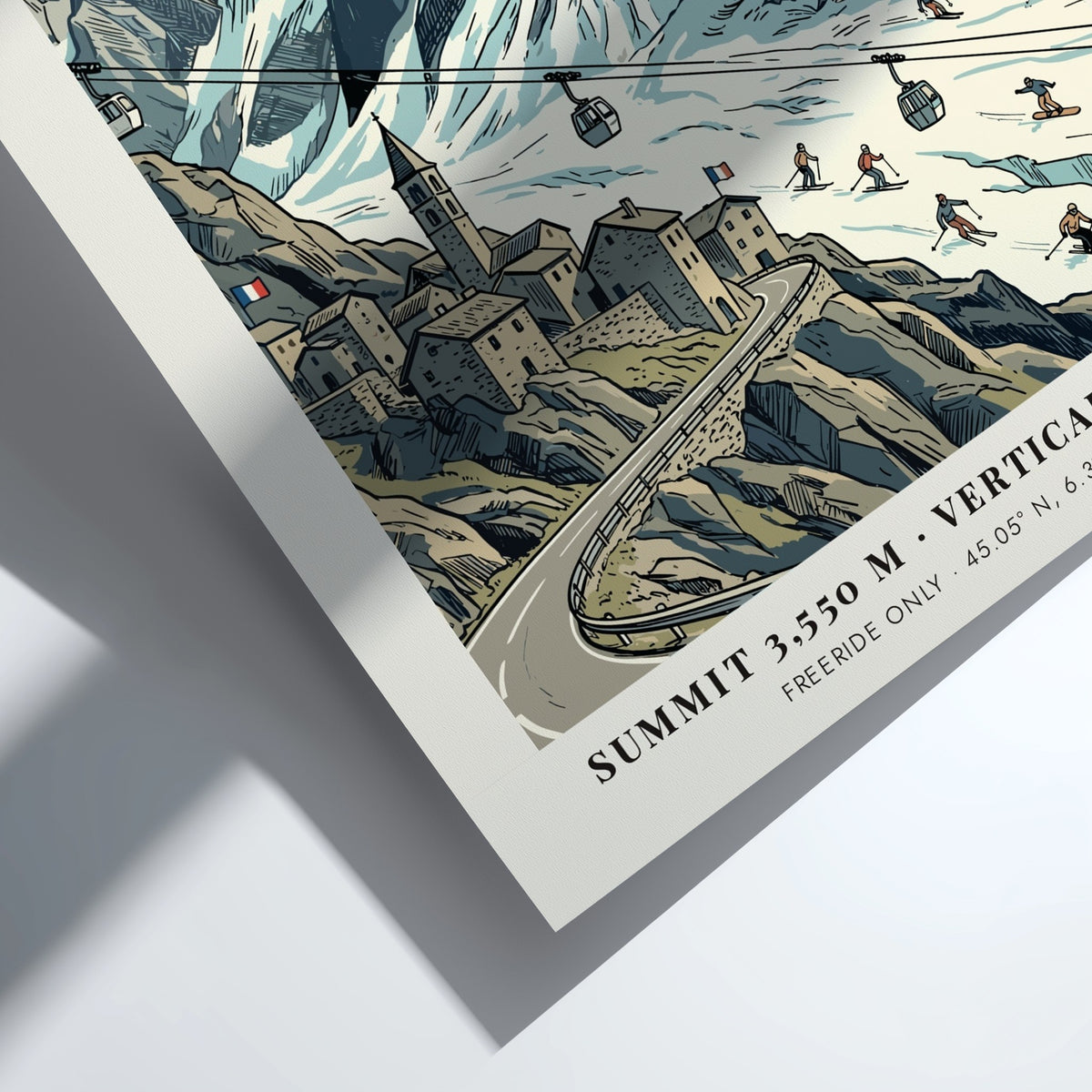 Poster of La Grave mountain village in the French Alps with glacier and skiers.