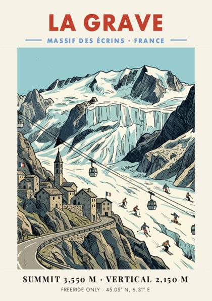 Poster of La Grave mountain village in the French Alps with glacier and skiers.