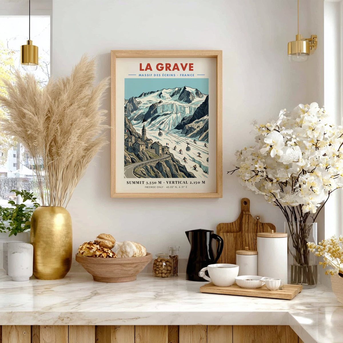 Poster of La Grave mountain village in the French Alps with glacier and skiers.