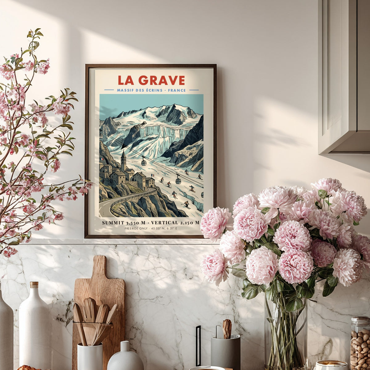 Poster of La Grave mountain village in the French Alps with glacier and skiers.