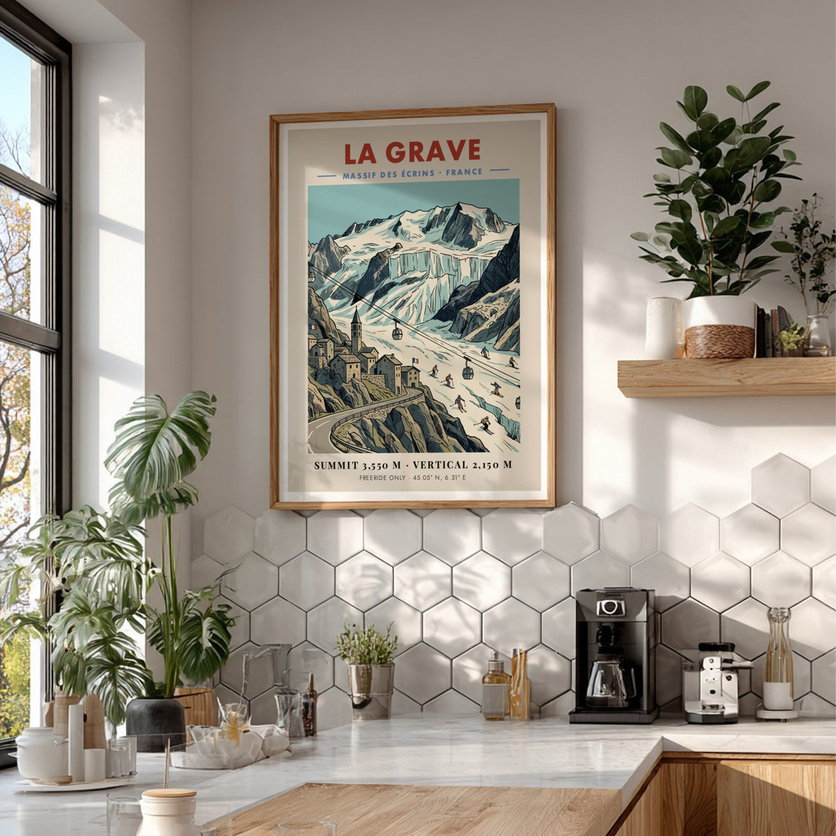 Poster of La Grave mountain village in the French Alps with glacier and skiers.
