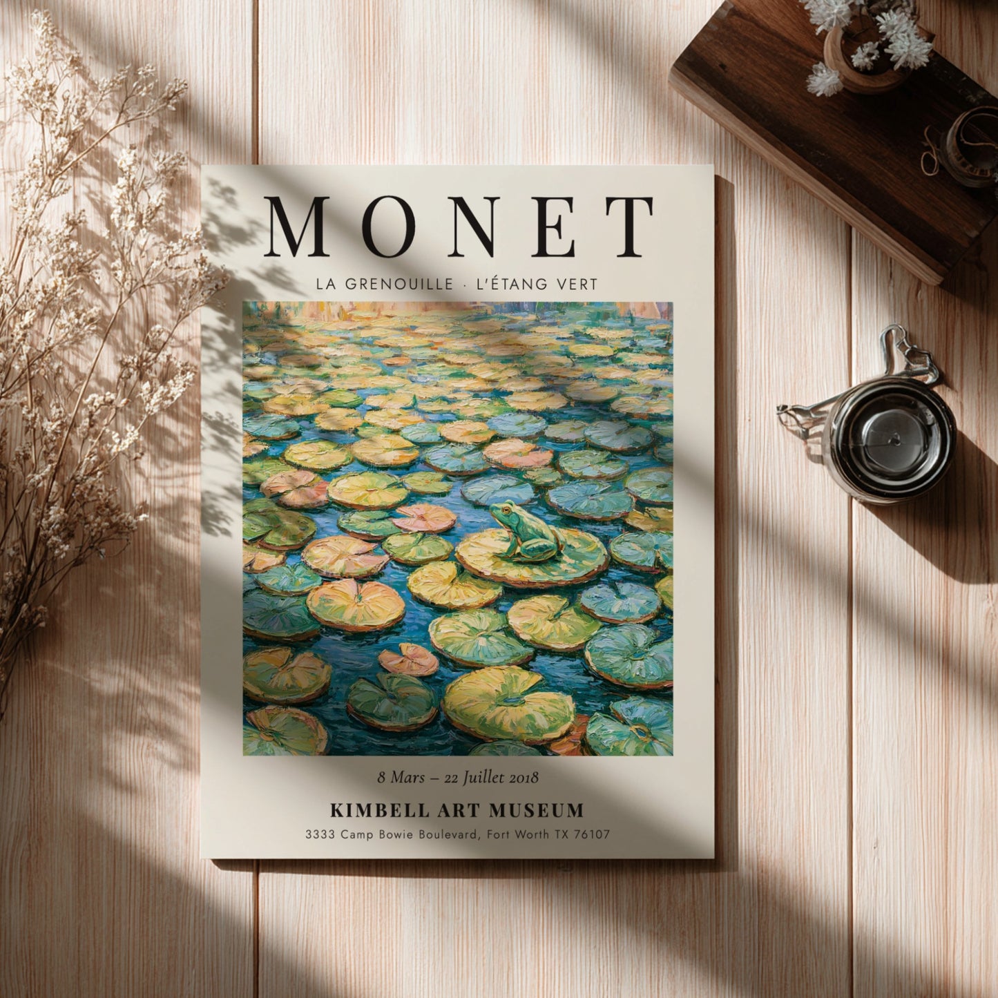 Monet inspired poster featuring La Grenouille - L'Étang Vert with vibrant greens and blues, perfect for home