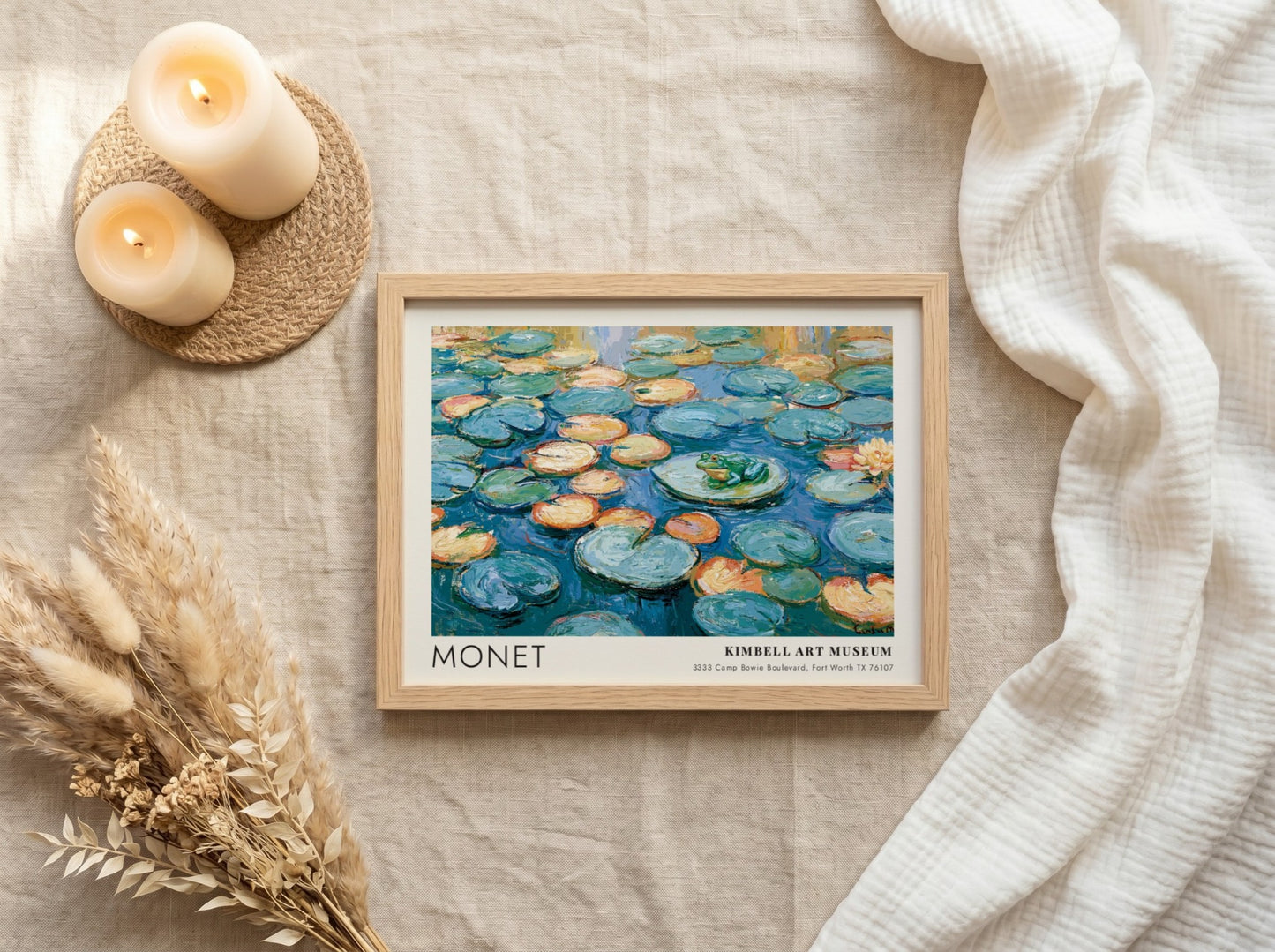 La Grenouille L'Étang Vert poster featuring Monet's water lilies in vibrant blues and greens