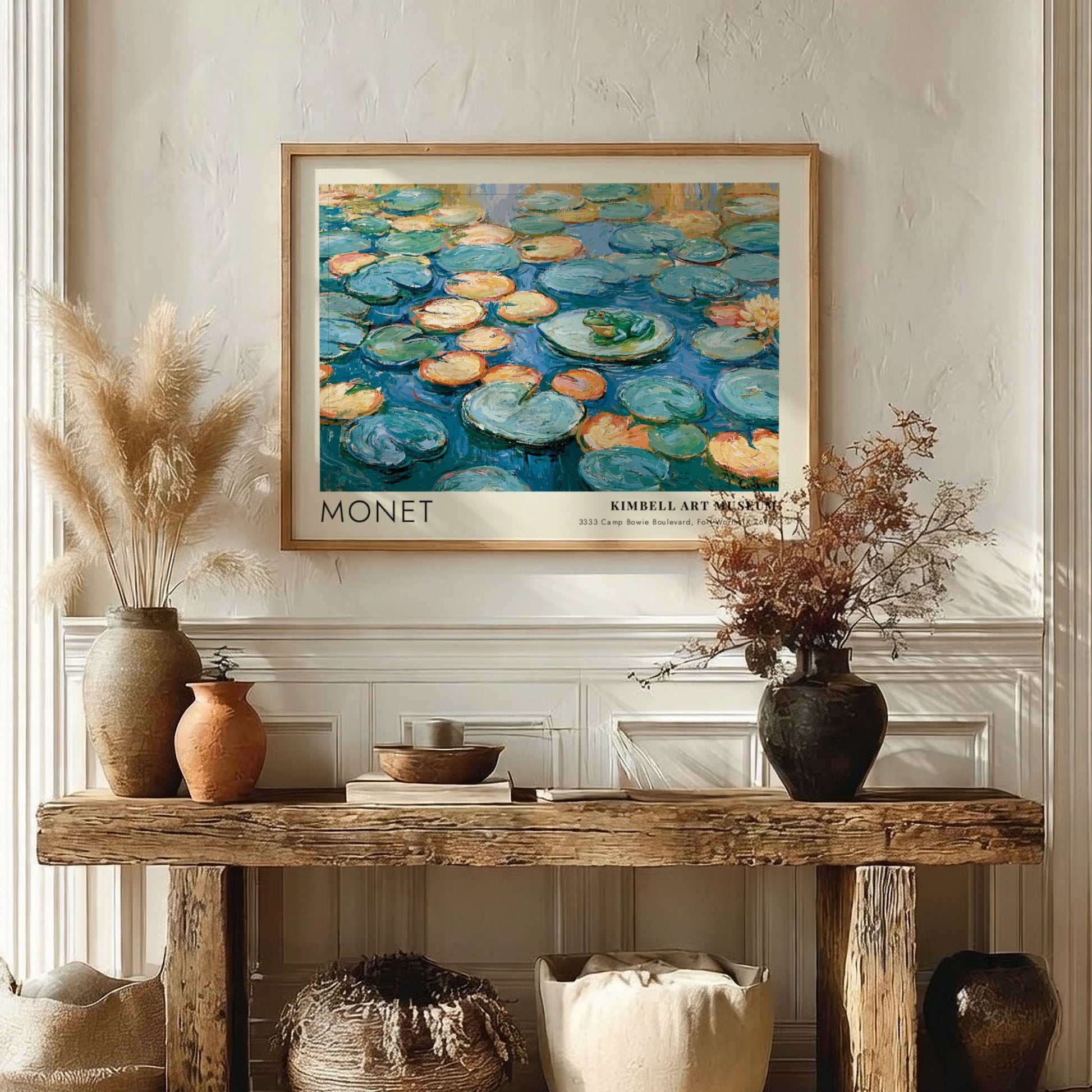 La Grenouille L'Étang Vert poster featuring Monet's water lilies in vibrant blues and greens