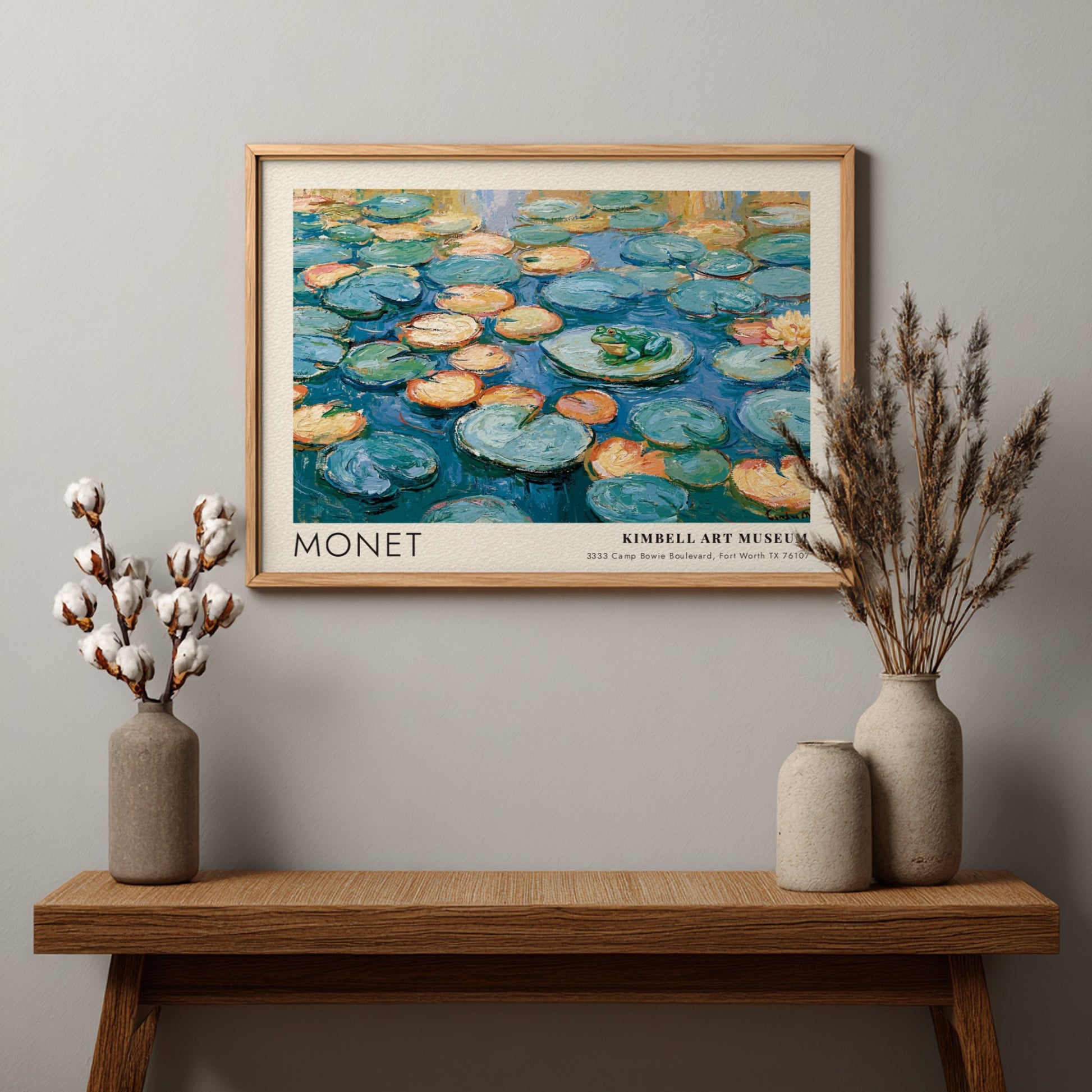La Grenouille L'Étang Vert poster featuring Monet's water lilies in vibrant blues and greens