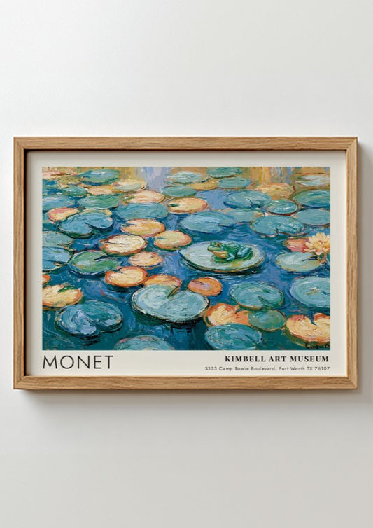 La Grenouille L'Étang Vert poster featuring Monet's water lilies in vibrant blues and greens