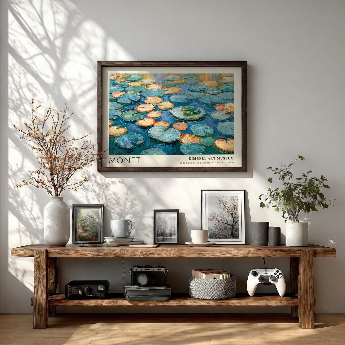 La Grenouille L'Étang Vert poster featuring Monet's water lilies in vibrant blues and greens