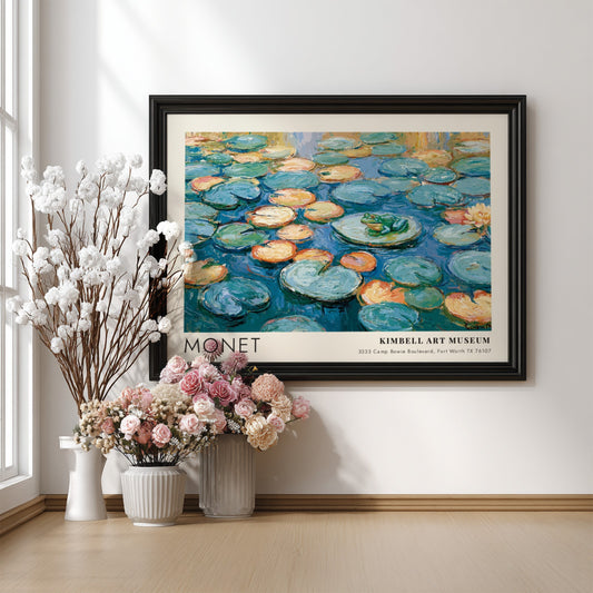 La Grenouille L'Étang Vert poster featuring Monet's water lilies in vibrant blues and greens