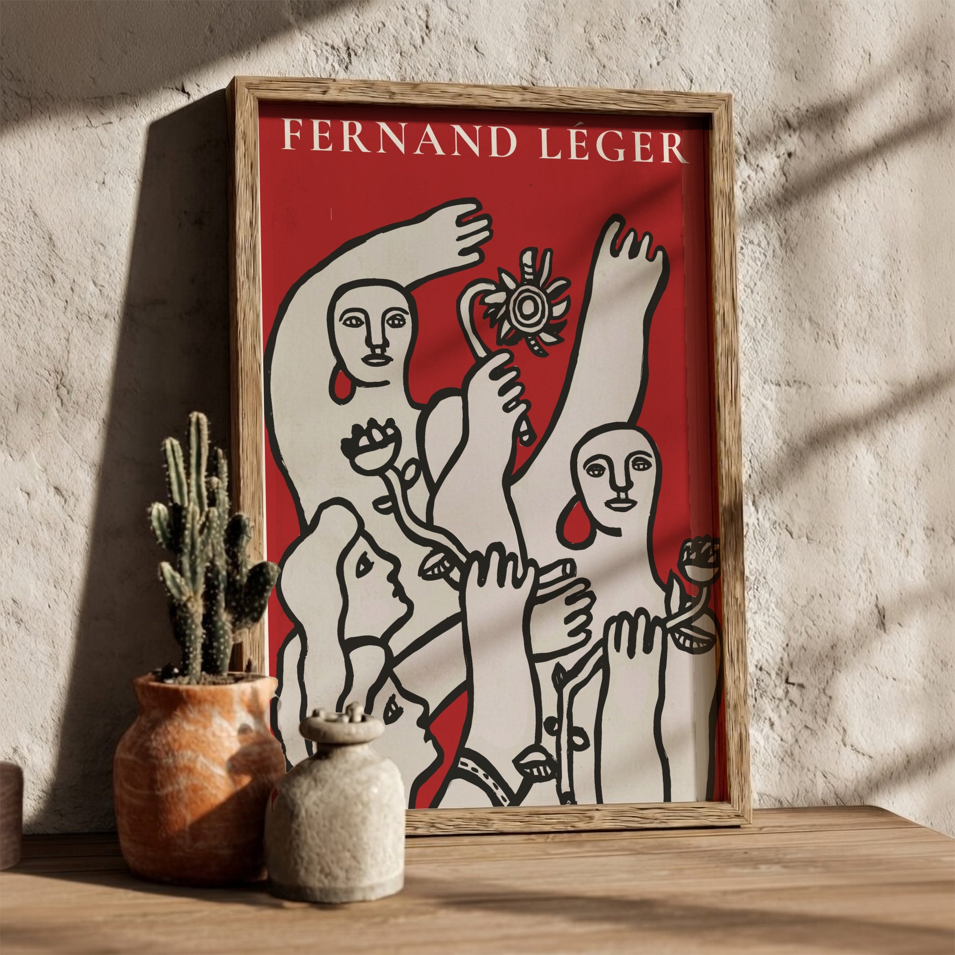 Fernand Léger La Joie de vivre art poster with modernist figures in black and white on red.