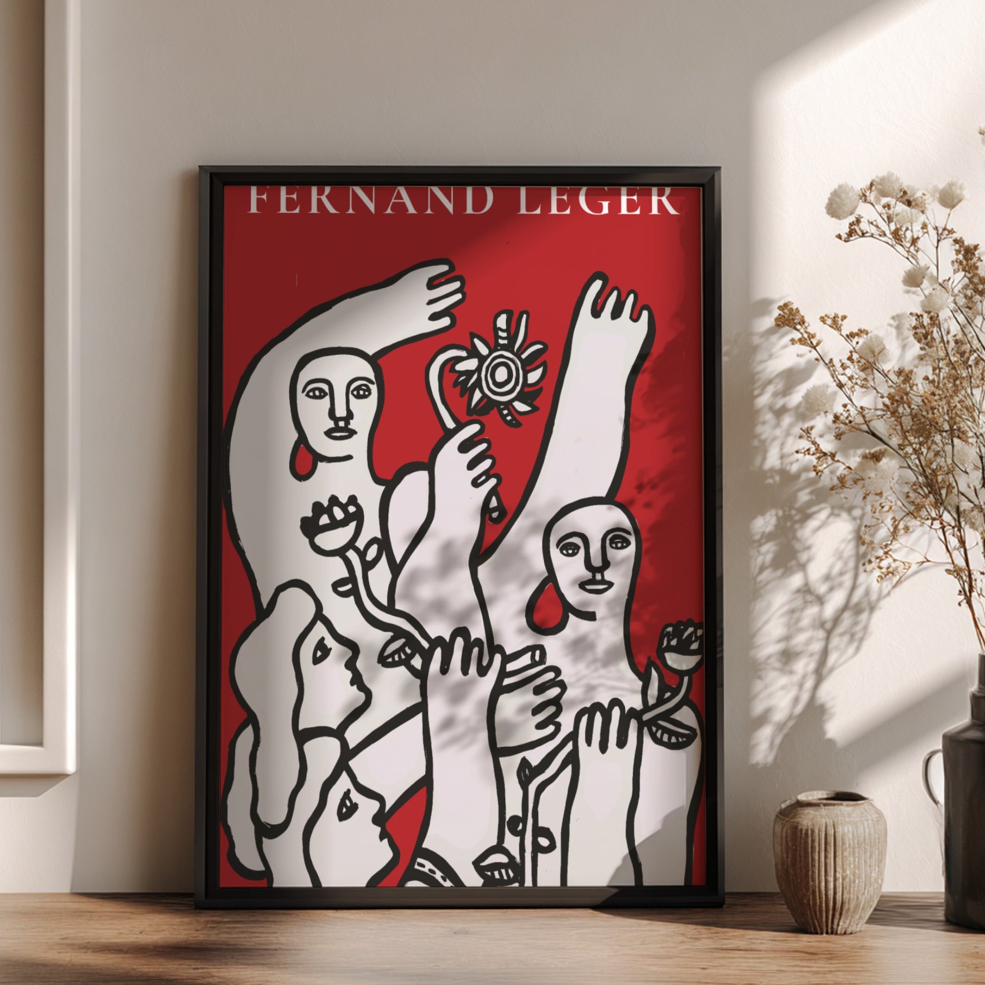 Fernand Léger La Joie de vivre art poster with modernist figures in black and white on red.