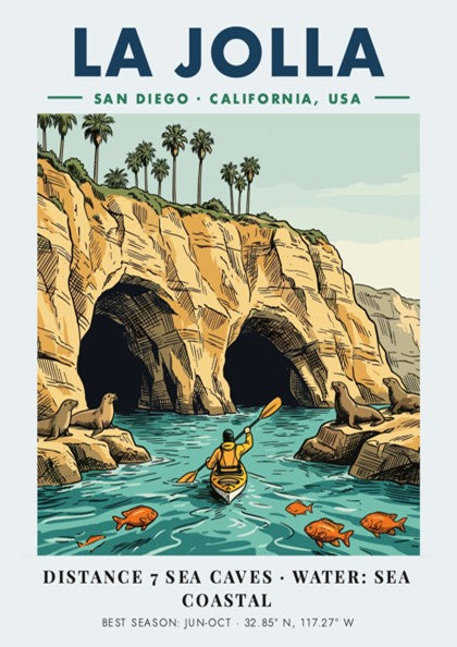 Poster of La Jolla coastline featuring sea caves, a kayaker, and sea lions.