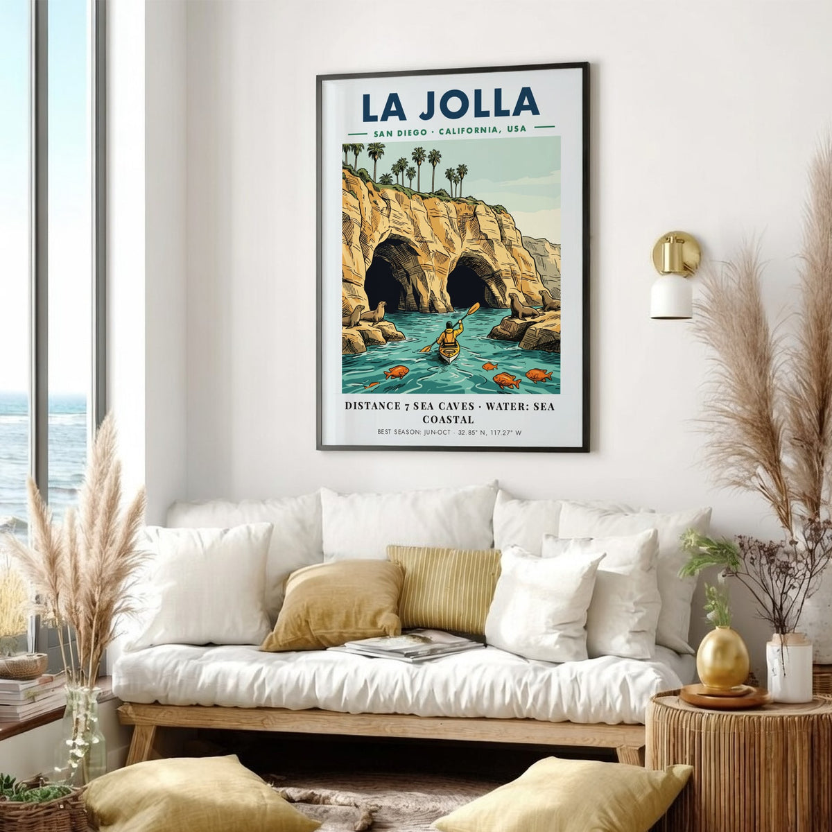 Poster of La Jolla coastline featuring sea caves, a kayaker, and sea lions.