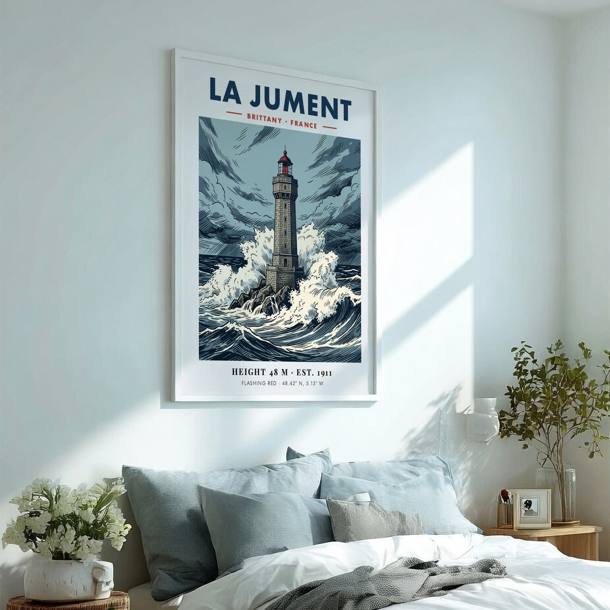 Poster of La Jument lighthouse in Brittany France featuring stormy waves and sky.