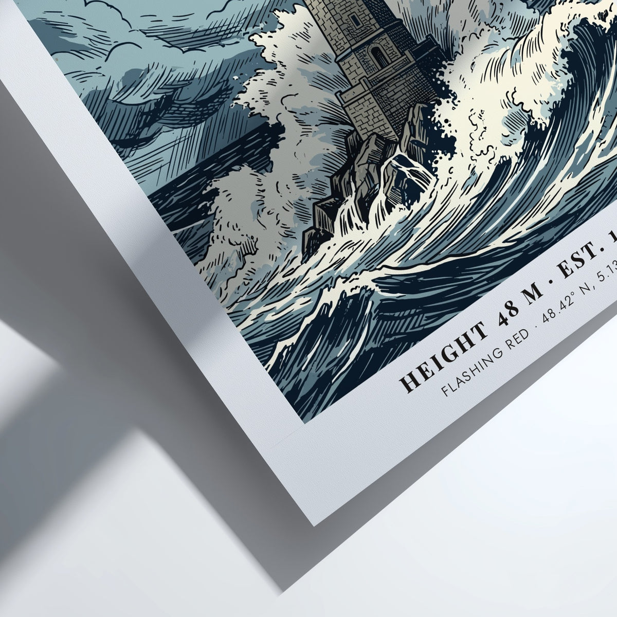 Poster of La Jument lighthouse in Brittany France featuring stormy waves and sky.