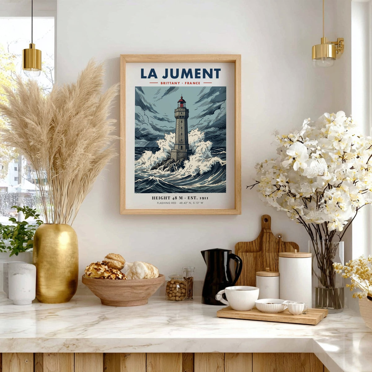 Poster of La Jument lighthouse in Brittany France featuring stormy waves and sky.