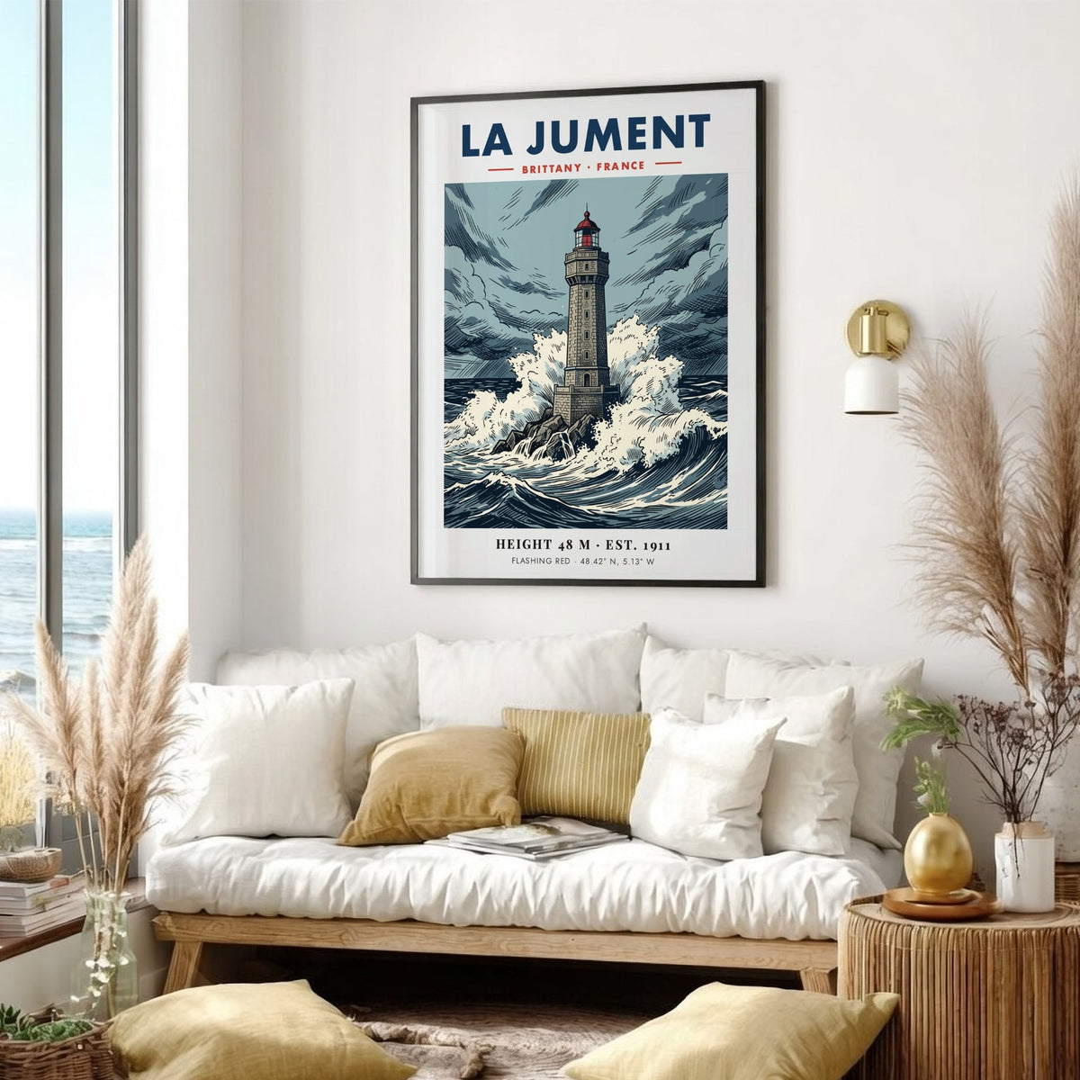 Poster of La Jument lighthouse in Brittany France featuring stormy waves and sky.