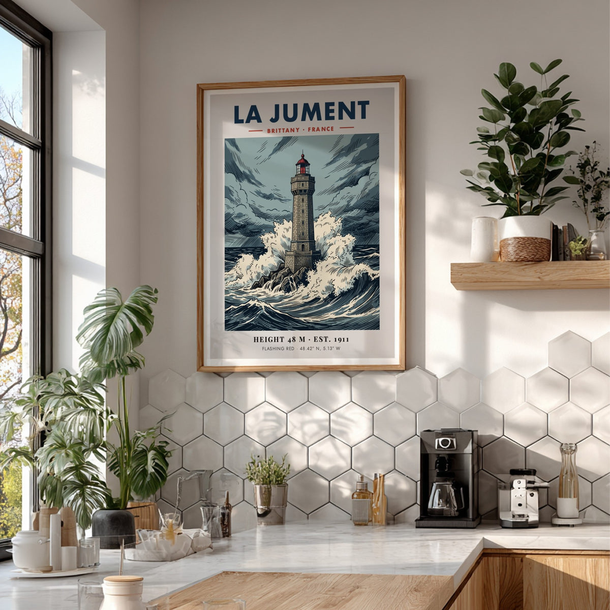 Poster of La Jument lighthouse in Brittany France featuring stormy waves and sky.
