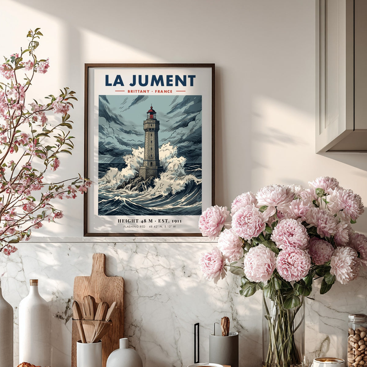 Poster of La Jument lighthouse in Brittany France featuring stormy waves and sky.