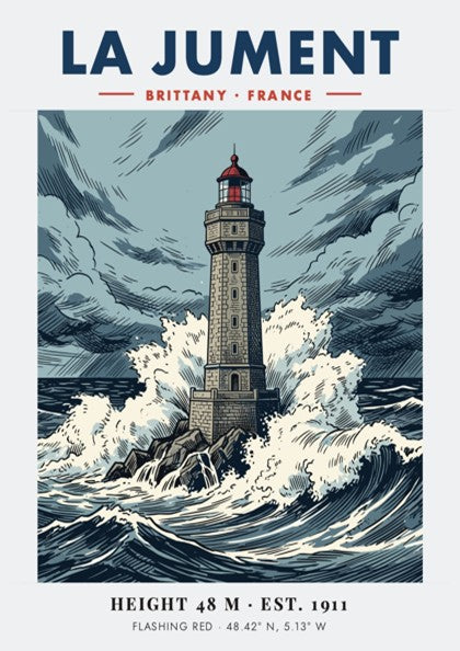 Poster of La Jument lighthouse in Brittany France featuring stormy waves and sky.