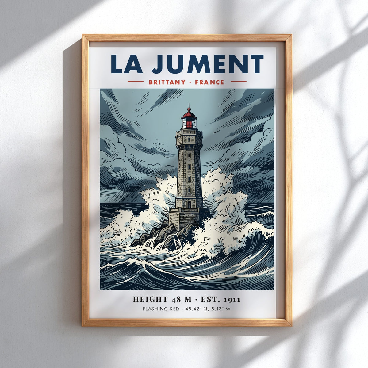 Poster of La Jument lighthouse in Brittany France featuring stormy waves and sky.