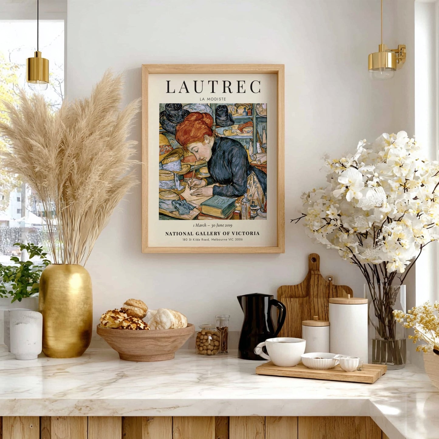 La Modiste poster by Toulouse-Lautrec featuring a woman in warm colors and vintage style