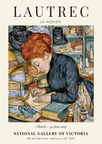 La Modiste poster by Toulouse-Lautrec featuring a woman in warm colors and vintage style