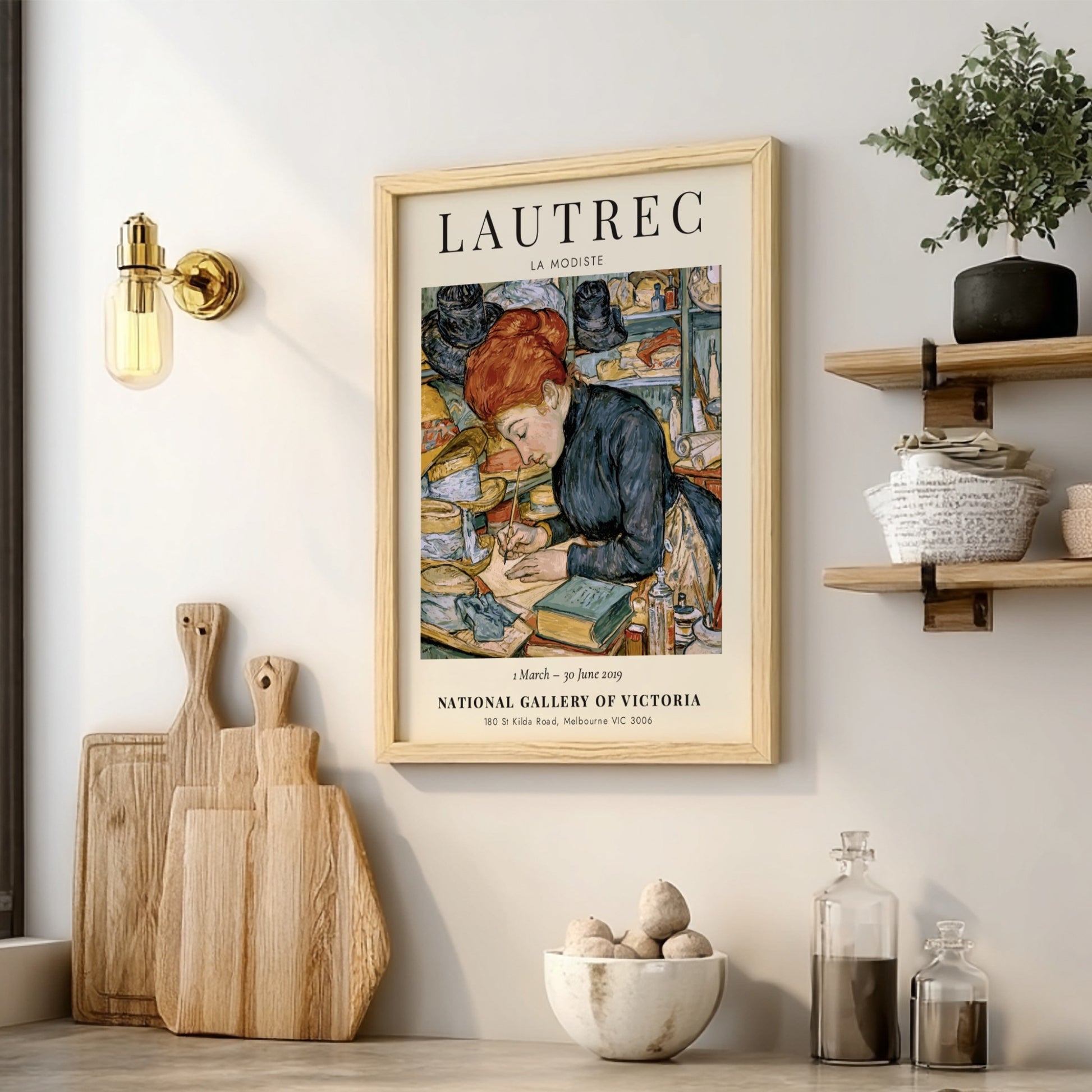 La Modiste poster by Toulouse-Lautrec featuring a woman in warm colors and vintage style