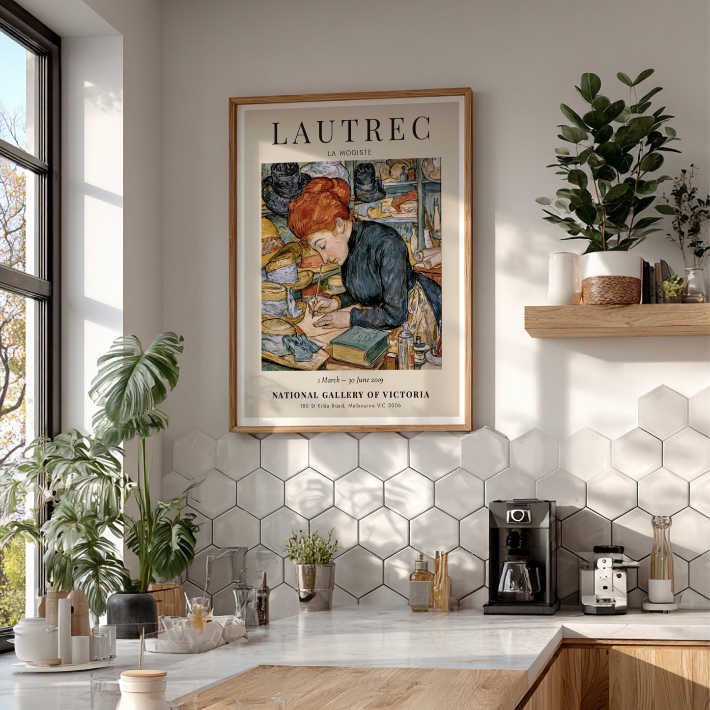 La Modiste poster by Toulouse-Lautrec featuring a woman in warm colors and vintage style