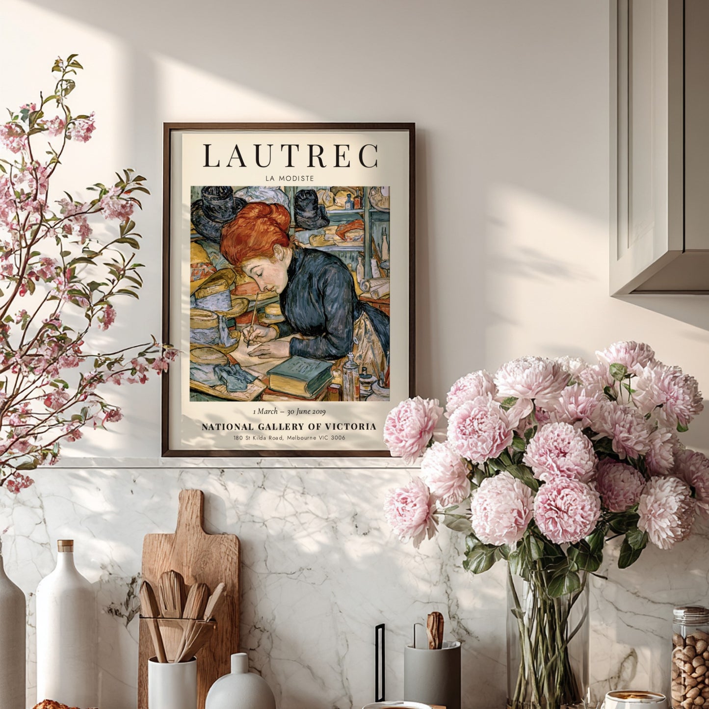 La Modiste poster by Toulouse-Lautrec featuring a woman in warm colors and vintage style