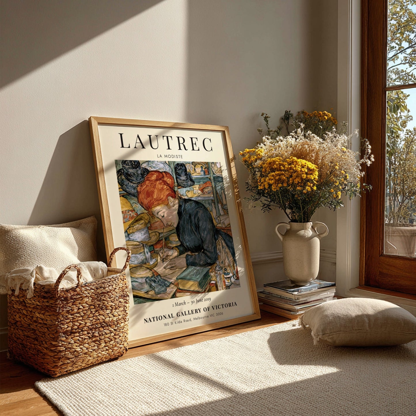 La Modiste poster by Toulouse-Lautrec featuring a woman in warm colors and vintage style