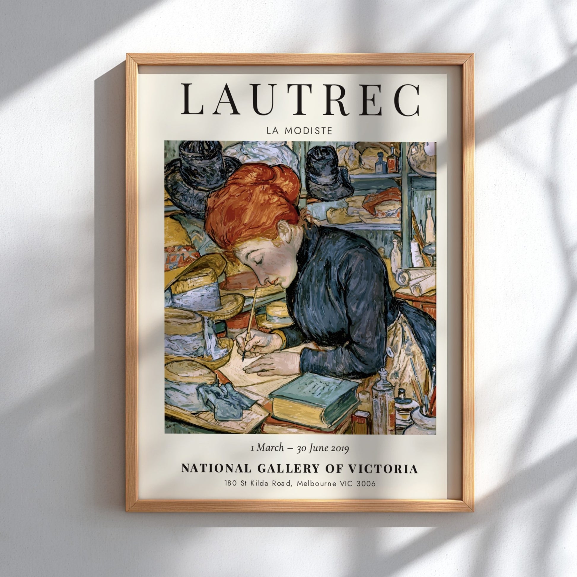 La Modiste poster by Toulouse-Lautrec featuring a woman in warm colors and vintage style