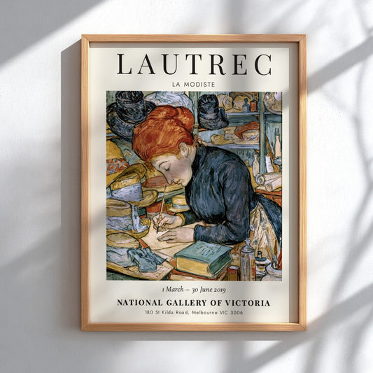 La Modiste poster by Toulouse-Lautrec featuring a woman in warm colors and vintage style