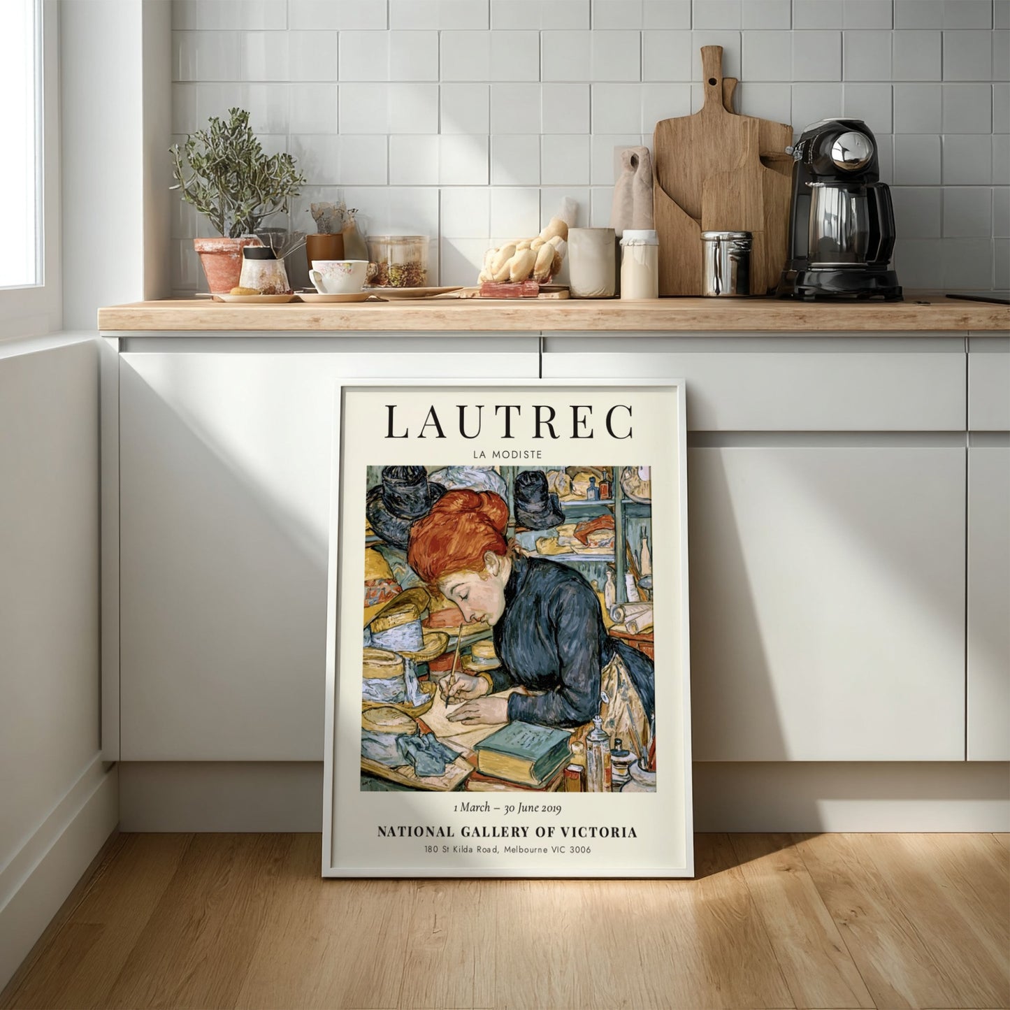 La Modiste poster by Toulouse-Lautrec featuring a woman in warm colors and vintage style