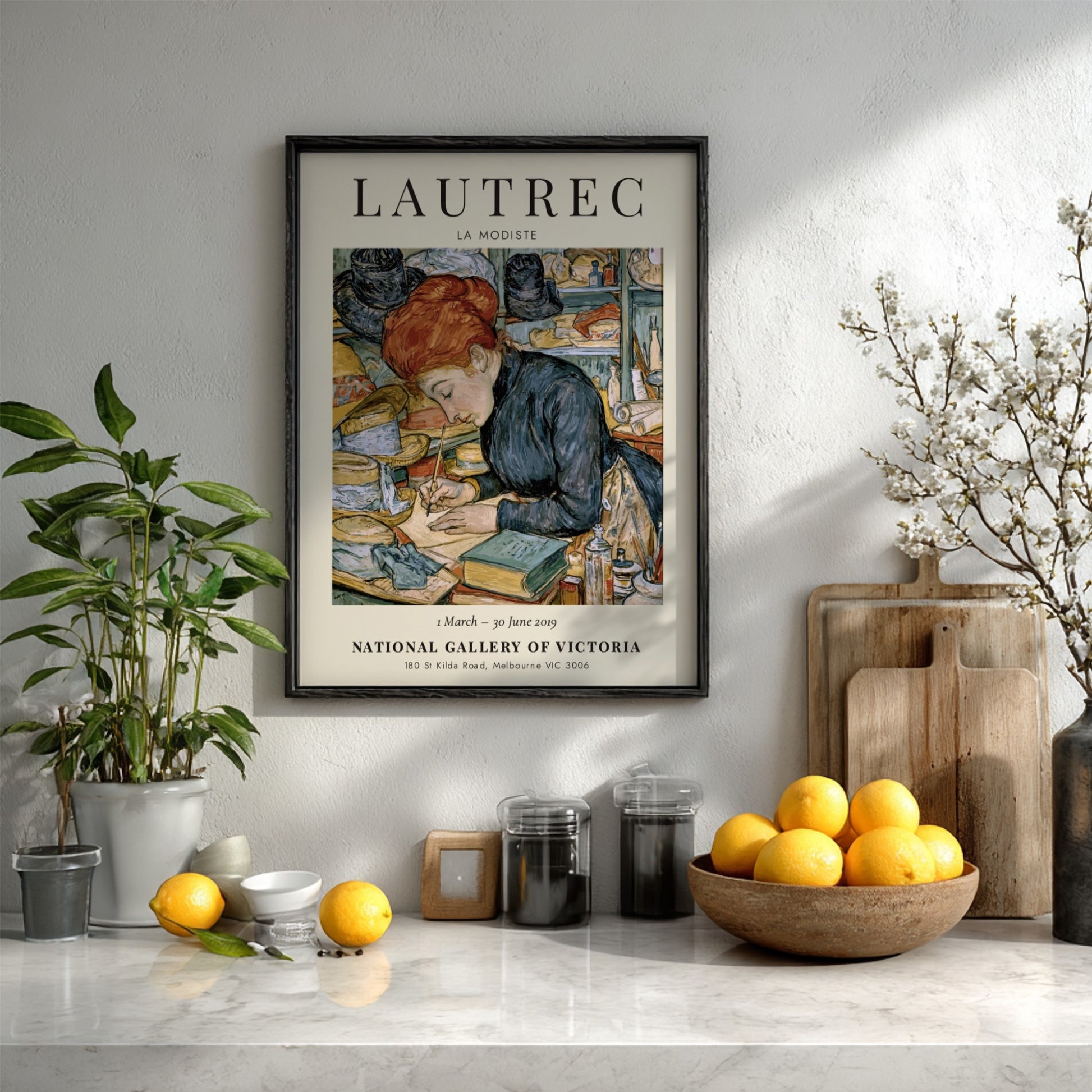 La Modiste poster by Toulouse-Lautrec featuring a woman in warm colors and vintage style