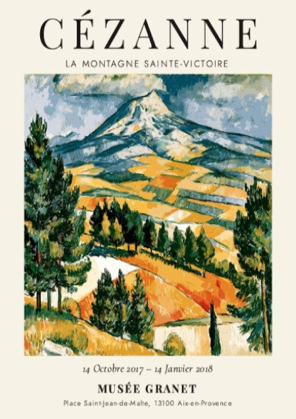 Cézanne exhibition poster featuring La Montagne Sainte-Victoire with vibrant colors and expressive