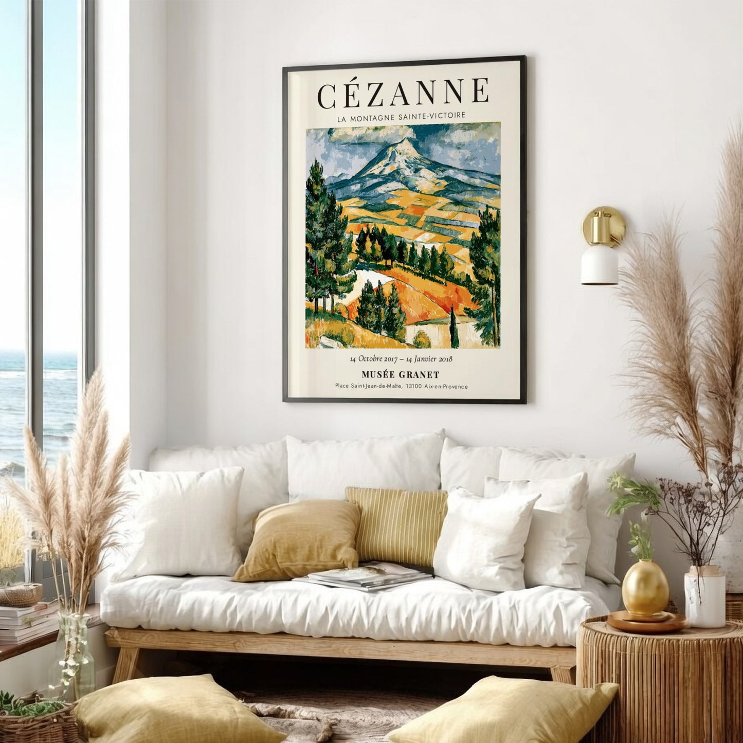 Cézanne exhibition poster featuring La Montagne Sainte-Victoire with vibrant colors and expressive