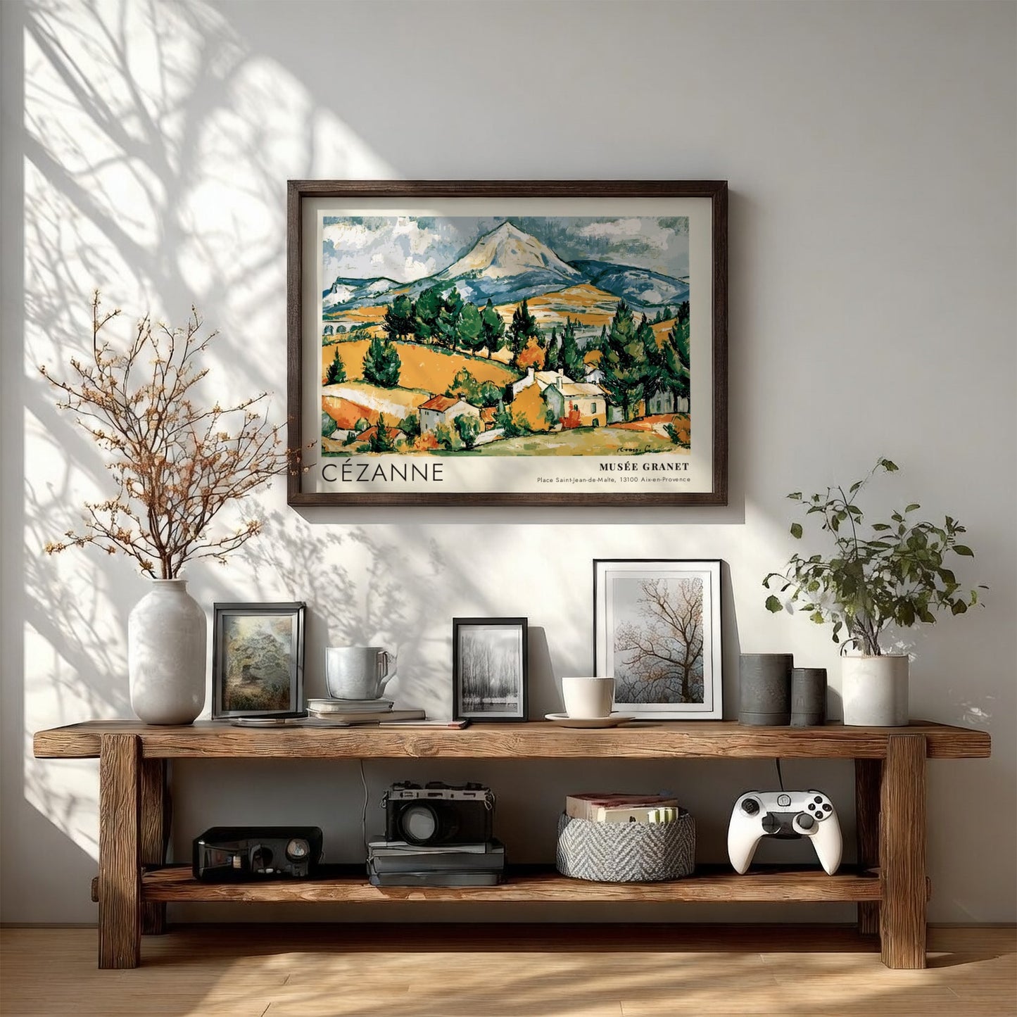 Wall art poster featuring Cézanne La Montagne Sainte-Victoire landscape in earth tones and green.