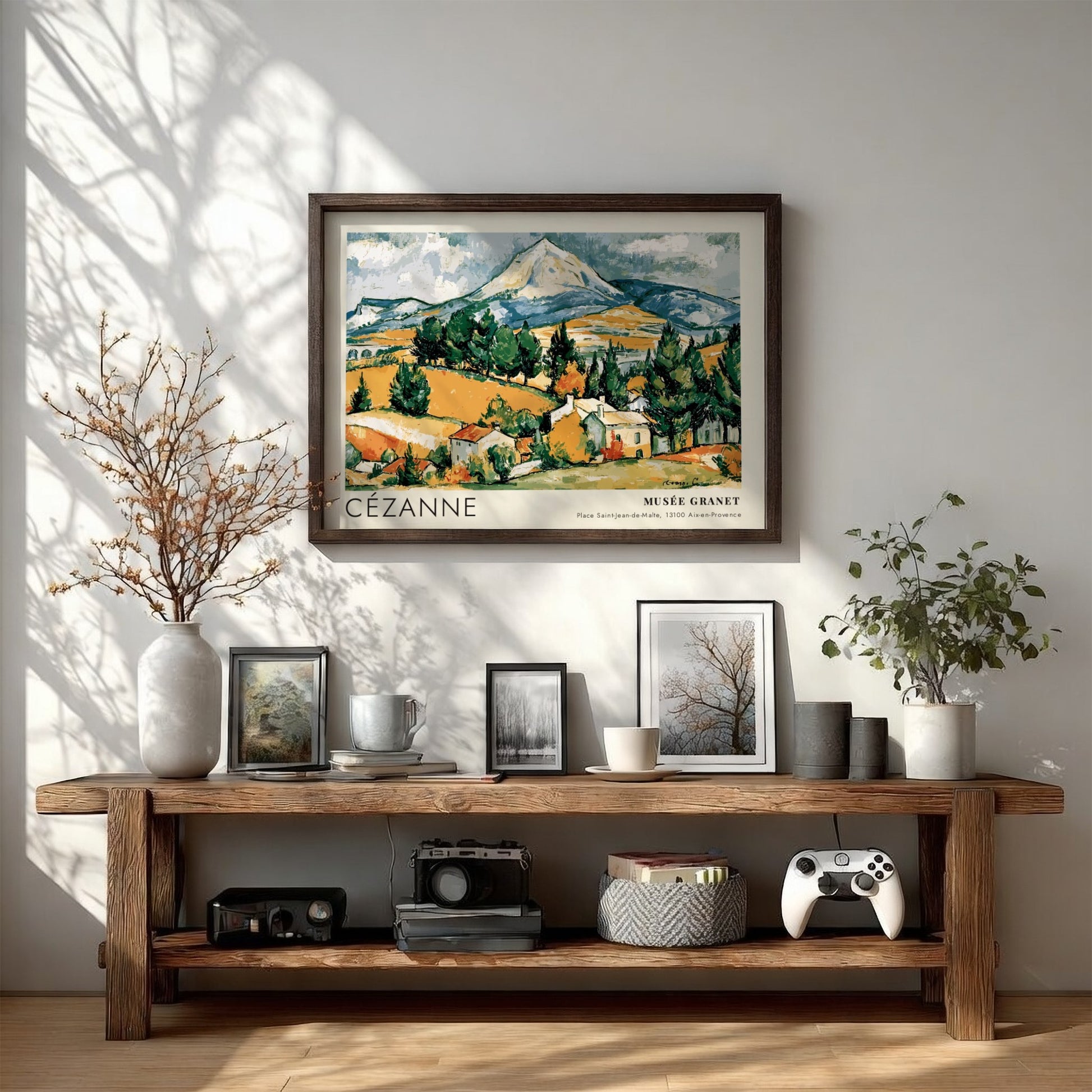 Wall art poster featuring Cézanne La Montagne Sainte-Victoire landscape in earth tones and green.
