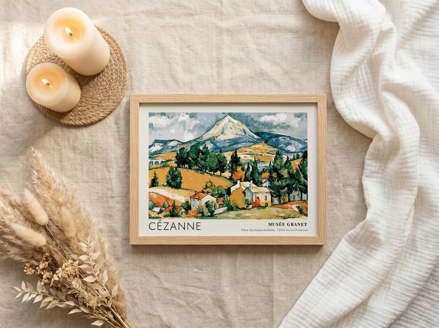 Wall art poster featuring Cézanne La Montagne Sainte-Victoire landscape in earth tones and green.