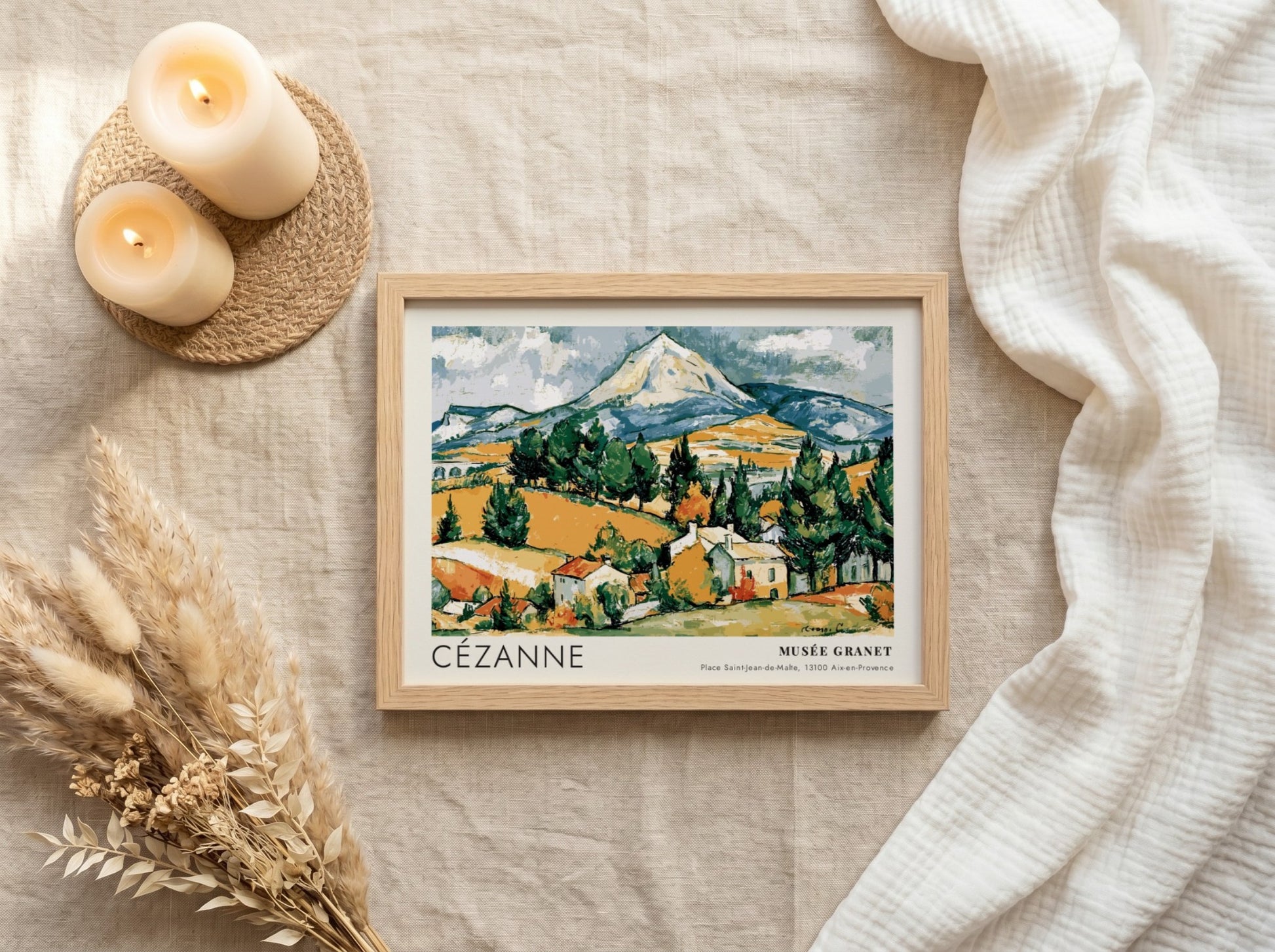 Wall art poster featuring Cézanne La Montagne Sainte-Victoire landscape in earth tones and green.