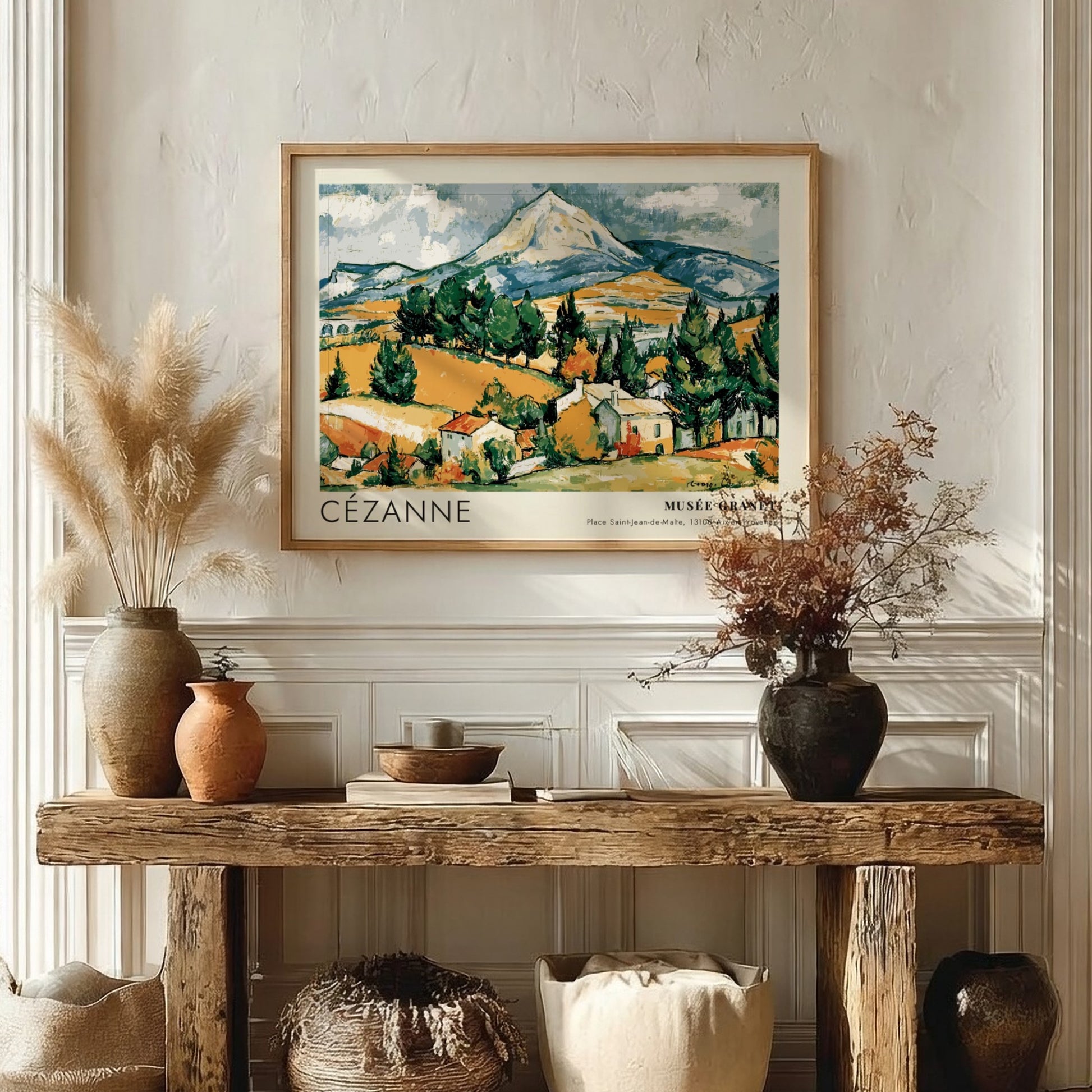 Wall art poster featuring Cézanne La Montagne Sainte-Victoire landscape in earth tones and green.