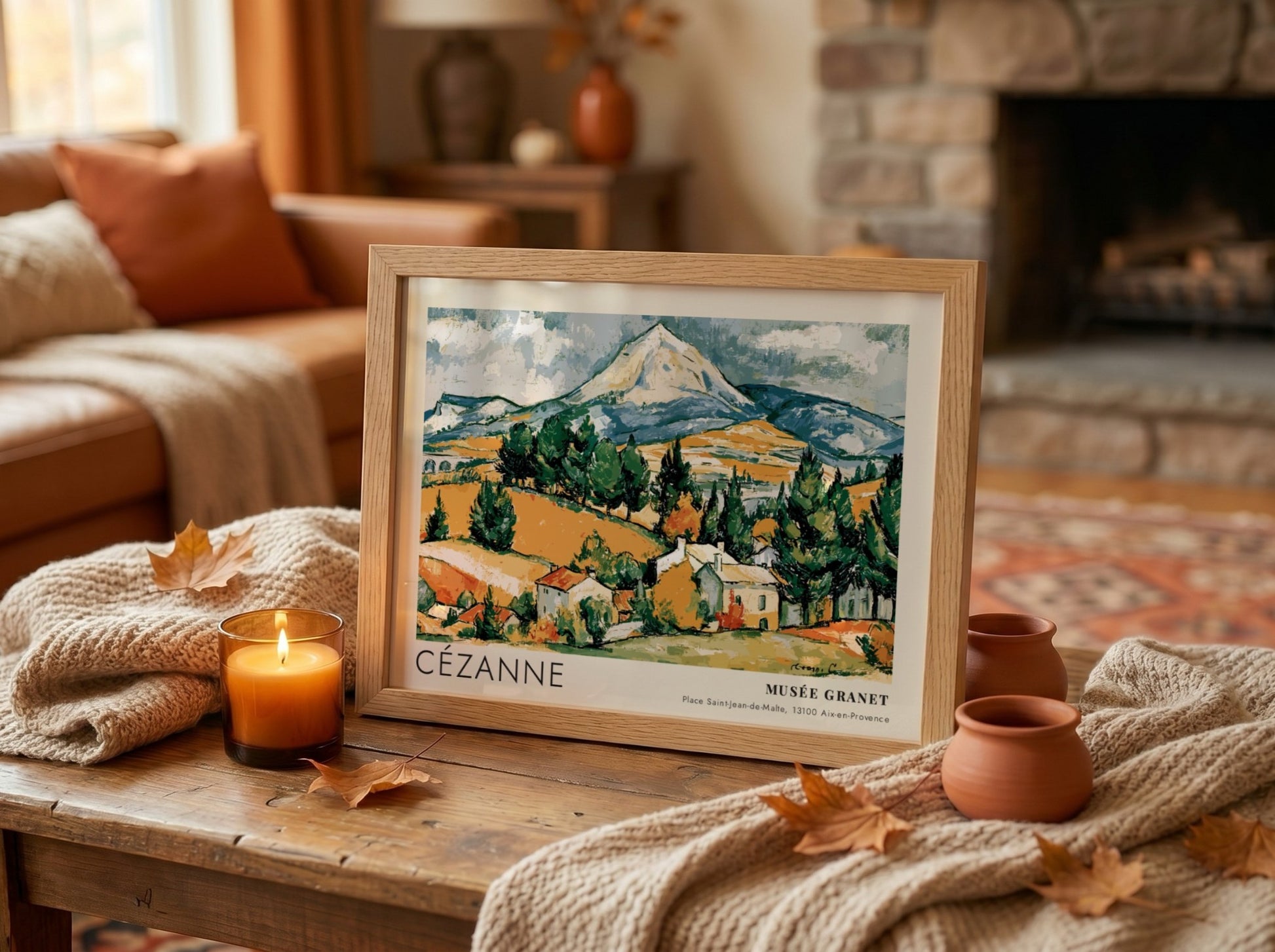 Wall art poster featuring Cézanne La Montagne Sainte-Victoire landscape in earth tones and green.