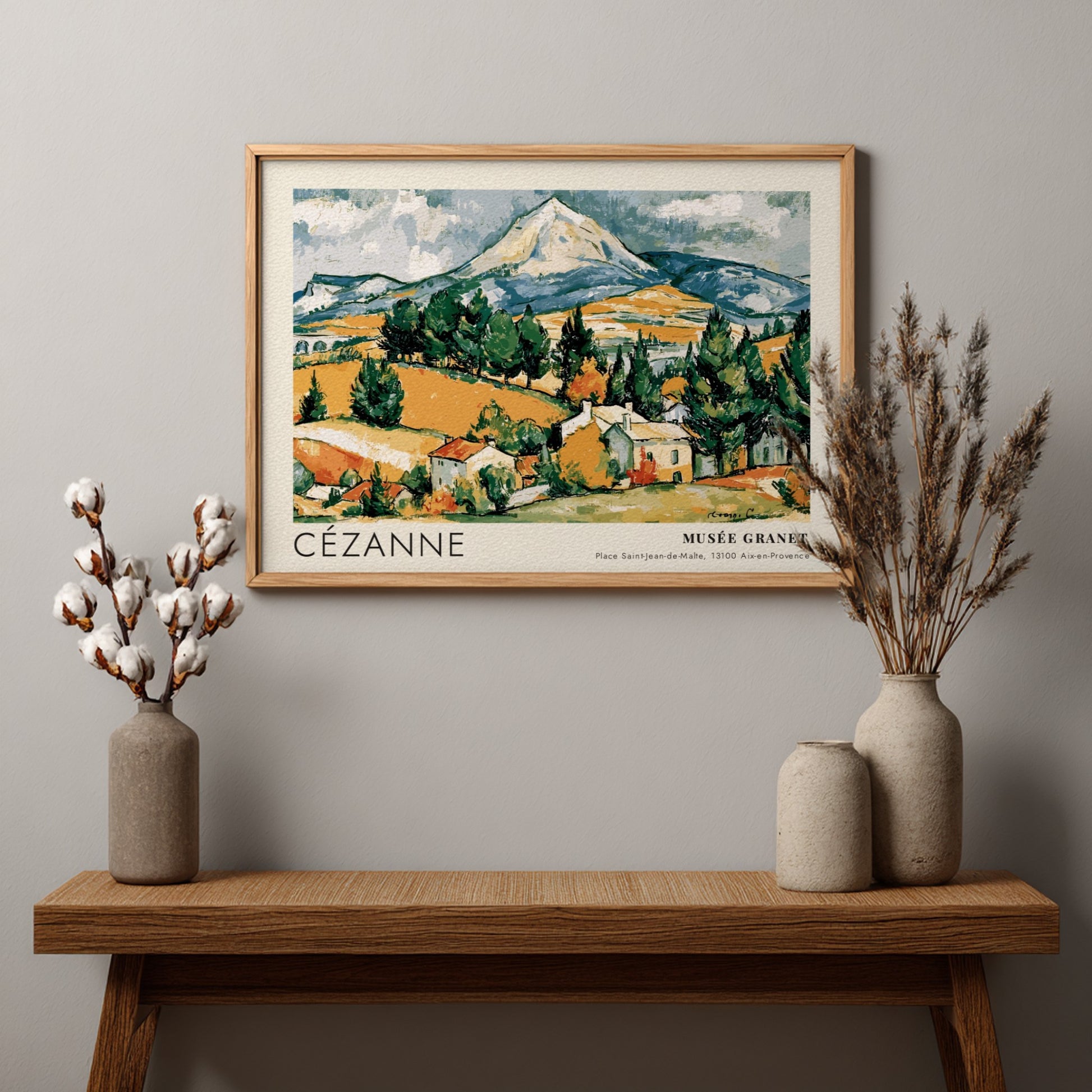 Wall art poster featuring Cézanne La Montagne Sainte-Victoire landscape in earth tones and green.